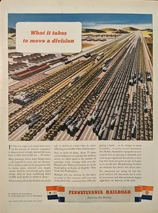 1943 Pennsylvania Ferrocarril Impreso anuncio Segunda Guerra Mundial Moviendo una división del ejército trabajo duro - Imagen 1 de 1