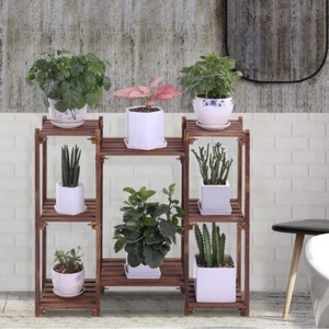 8 Tier Carbonized Wood Plant Stand Flower Pot Shelf Display Rack Indoor Outdoor - Picture 1 of 12