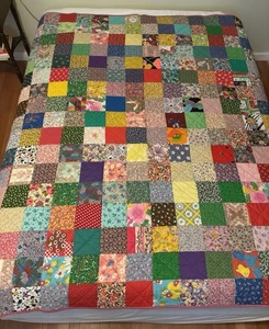 Vtg 1970's Fabric Boho Patchwork Quilt Colorful Prints Retro 75”x77” Handmade - Picture 1 of 19