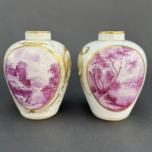 Gorgeous Pair Antique English Gold Pink Handpainted Landscape Scene Vases - Picture 1 of 8