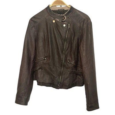 Chaqueta Bomber Vintage Blanc Noir Cuero Marrón Piel Cremallera Completa Cuello Botón Foto 1 de 4