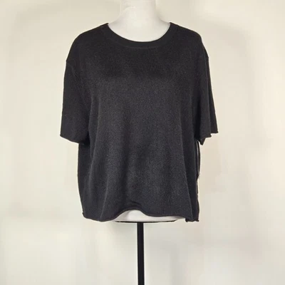 Aqua Bloomingdale’s 100% 羊绒圆领短袖毛衣黑色 XL 全新带标签 — 第 1/4 张图片