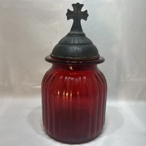 Vintage Stil rot Apothacar Kanister Glas gerippt Glas Kreuz Deckel - bemalt - Bild 1 von 8