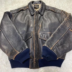 AVIREX Leather A-2 Flight Jacket Double Pockets Size S Brown Navy 116626K Authen - Picture 1 of 24