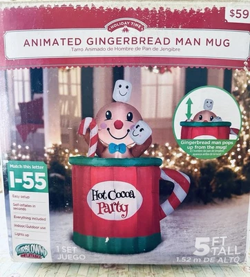 RARE Gemmy Animated Pop-Up 5ft Gingerbread Man Hot Cocoa Mug Airblown Inflatable - Image 1 of 3