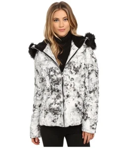 Betsey Johnson Size XS "Marble" Printed Puffer Black/White Fur trim Outerwear - Picture 1 of 4