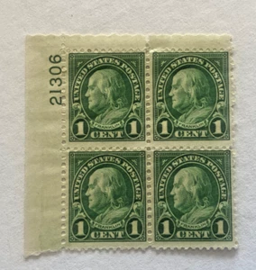 Scott #581, 1c Franklin, 1923 Series, Plate Block, 4 , F/VF MNH, OG,SCV $250 - Picture 1 of 2
