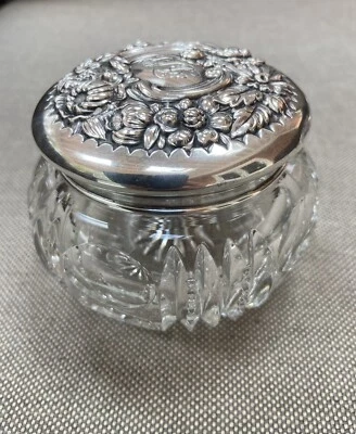 Tarro de tocador antiguo de vidrio Gorham Sterling & Cut 1890 - Como nuevo S2509 Foto 1 de 4