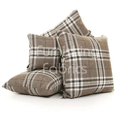 Light Brown Tartan Striped Pattern Fabric Cover Filled Cushion & British Made - Image 1 of 4