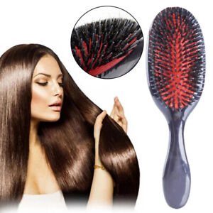 Natural Boar Bristle Hair Brush Paddle Anti-static Scalp Massage Dual Detangling