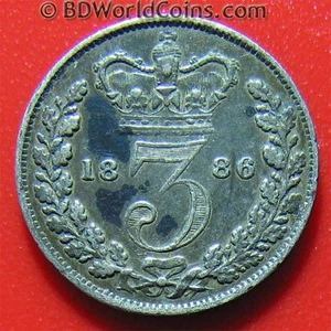 1886 GREAT BRITAIN 3 PENCE SILVER QUEEN YOUNG VICTORIA, DARK TONING ON COIN 16mm - Picture 1 of 2