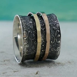 Spinner Vintage Two Tone Solid 9k Yellow And Rose Gold Sterling Silver Ring Size - Picture 1 of 9