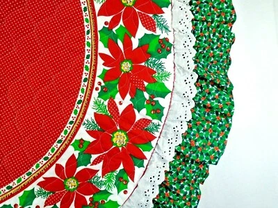 Sequined Poinsettia Red Polka Dots Gold Accents Eyelet Ruffled Tree Skirt 20" - Image 1 of 2