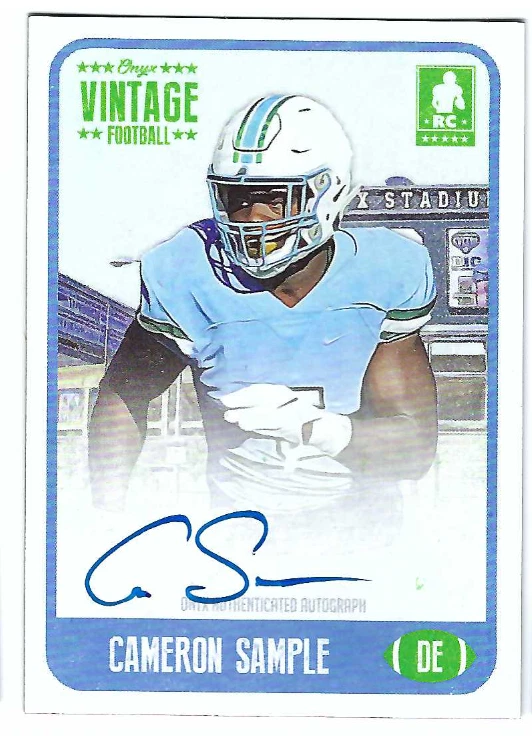 CAMERON SAMPLE 2021 ONYX VINTAGE FOOTBALL ON CARD ROOKIE AUTO BLUE INK /400 - Image 1 of 1