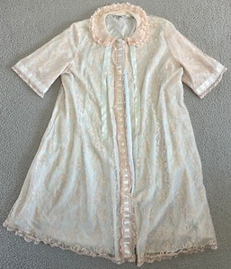Vintage I. Magnin 60s Lace Robe Sz Large Blue Cottage Prairie Victorian Tie Neck - Bild 1 von 24