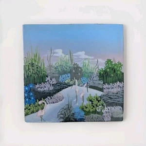 PINTURA MINIATURA ORIGINAL ARTE HAITIANO DEL PAISAJE CON FLAMENCOS FIRMADA GL 5" - Imagen 1 de 3