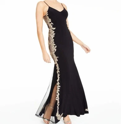 B. DARLIN Mesh Black Gold Embroidered Gown Dress Sz 0 (XS) Prom Formal Wedding - Image 1 of 4