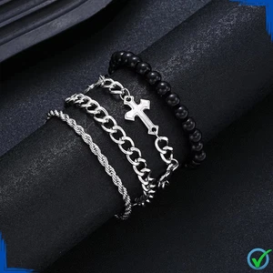 4pcs Stainless Steel Bracelet Set Cross Beads Chain Punk Hip Hop Unisex Jewelry - Bild 1 von 6