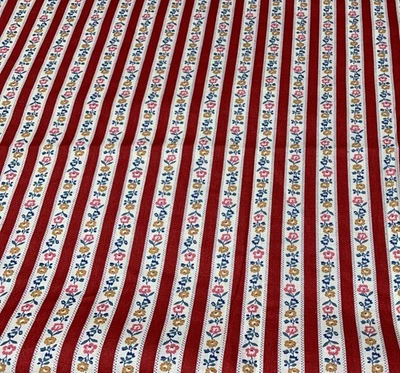 Vintage 28"x44" Red Floral Striped Cotton Fabric Sewing Crafts - Image 1 of 4