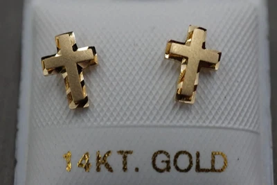 Aretes de oro amarillo real de 14k con cruz religiosa corte de diamante atornillado trasero Foto 1 de 4