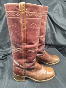 Vtg 70s Frye Campus Boot Longhorn Red Brown Square Toe Black Label Women's 9 D - Picture 1 of 24
