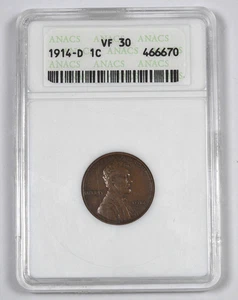 1914-D Lincoln Wheat Cent 1c ANACS ss30 Denver Mint Key Date - Bild 1 von 2