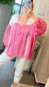 Italy Musselin Oversized Bluse Vintage Gr.36 38 40 42 44 Tunika pink weiß Spitze - Bild 1 von 17