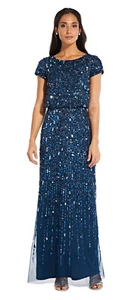 Adrianna Papell Deep Blue Beaded Blouson Gown with Short Sleeves   10 - Picture 1 of 3