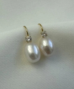 Gold Plated 925 Sterling Silver Freshwater Pearl Zircon Hook Earrings - Picture 1 of 15