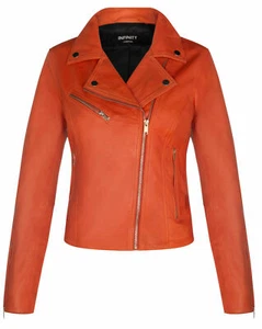 Ladies Leather Biker Jacket Classic Orange Real Lamb Nappa Gothic Retro Jacket - Picture 1 of 5