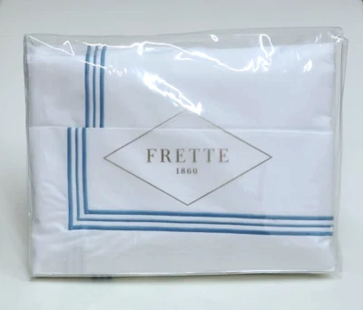 Frette Triplo Bourdon Queen Sheet Set White/Lagoon 100% Cotton Poplin Italy - Image 1 of 4