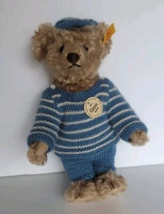 Steiff Teddybär klassisch 1907, 11 Zoll blau gestreiftes Outfit, Etikett, Knopf #27659 - Bild 1 von 5