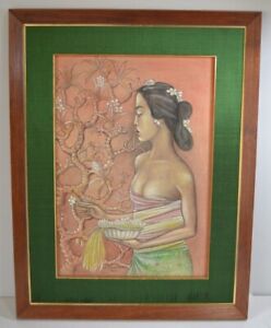 Vintage Bali Woman Original Charcoal Drawing Pastel OOAK Signed Pacific Tiki 