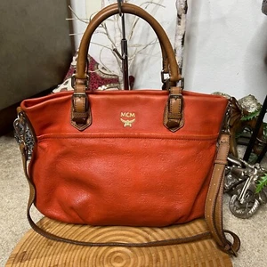 Authentic MCM Orange Embossed Leather Medium Two-way Bag W/ Detachable Strap - Picture 1 of 21