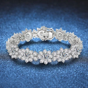 D VVS1 Full Moissanite Flower Cluster Tennis Chain Bracelet 925 Sterling Silver - Picture 1 of 16