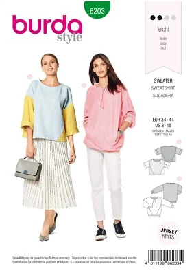 BURDA 6203 MISSES SWEATSHIRTS Sewing Pattern Sizes 8 - 18 Skill: EASY - Image 1 of 4