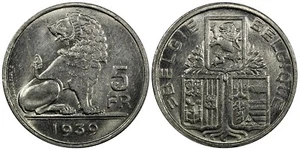 Belgium Leopold III 1939 5 Francs BELGIE BELGIQUE 25mm XF SCARCE KM# 117.1 (559) - Picture 1 of 3