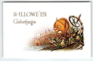 Halloween Postcard Fantasy Goblin Rides Chameleon In Swamp Spider Bait Gibson - Picture 1 of 3
