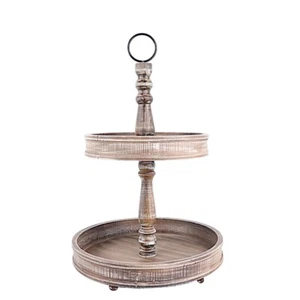 Brown 20" Round 2 Tier Wooden Cupcake Stand Dessert Serving Tray Party Events - Picture 1 of 9