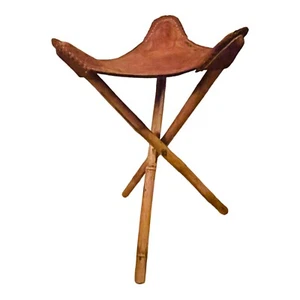 Tooled Brown Leather Folding Chair 3 Legged Portable Stool - Picture 1 of 12