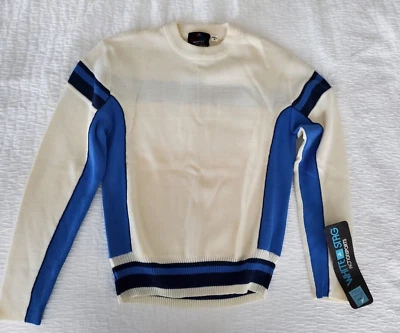 复古 70 年代全新带标签白色 STAG 女式羊毛混纺滑雪毛衣,尺寸 Med 奶油色,蓝色和海军蓝 — 第 1/4 张图片