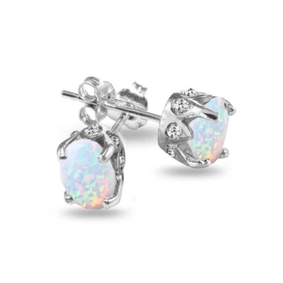Oval Crown Simulated Opal and White Topaz Stud Earrings in Sterling Silver - Image 1 of 4