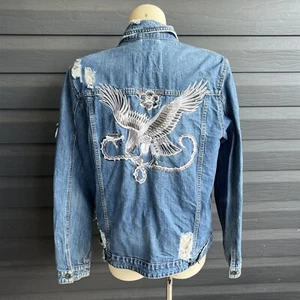 Embroidered Eagle Serpent Distressed Denim Women’s Jacket Size Large - Picture 1 of 4