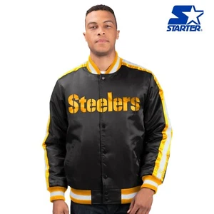 Pittsburgh Steelers NFL Herren Starter O-LINE Knopfleiste Satin Jacke - Schwarz - Bild 1 von 2