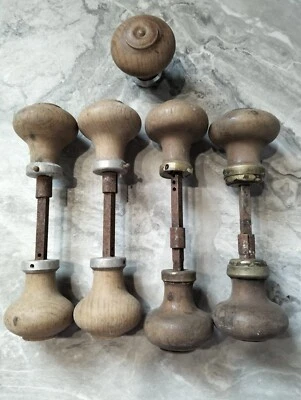 Lot de 4  ensembles de poignées de porte en bois et laiton, ferrure serrure - Photo 1/4