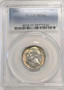 1943 P Jefferson Nickel PCGS MS66 - Fotos ansehen #Z314 erstaunlicher Regenbogenton/Glanz - Bild 1 von 4