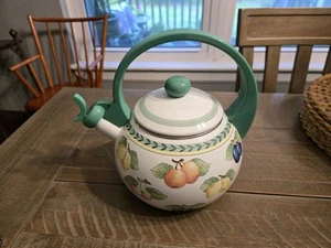 Villeroy & Boch Twist Teal & White Fruit Pattern Enamel Tea Kettle VINTAGE - Picture 1 of 10