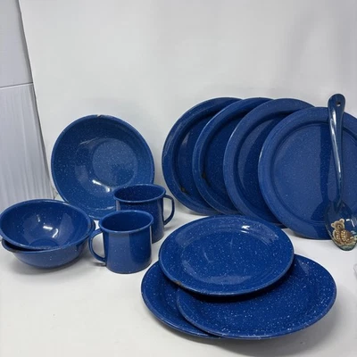 13Piece Blue Speckled Glazed Aluminum Tin Outdoor Kitchen Camping Dinner Set - Image 1 of 4
