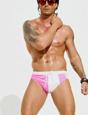 Calzoncillos de baño para hombre rosa brillante y blanco. Talla Grande 34"-36" Foto 1 de 4