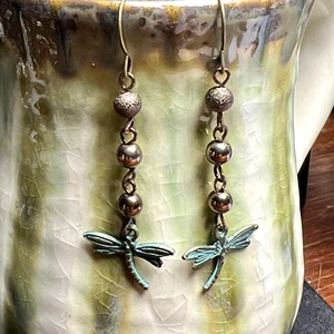 Bronze Tone With Etched Patina Dragonfly Dangle Earrings. Artisan. Hook. S763 - Picture 1 of 3